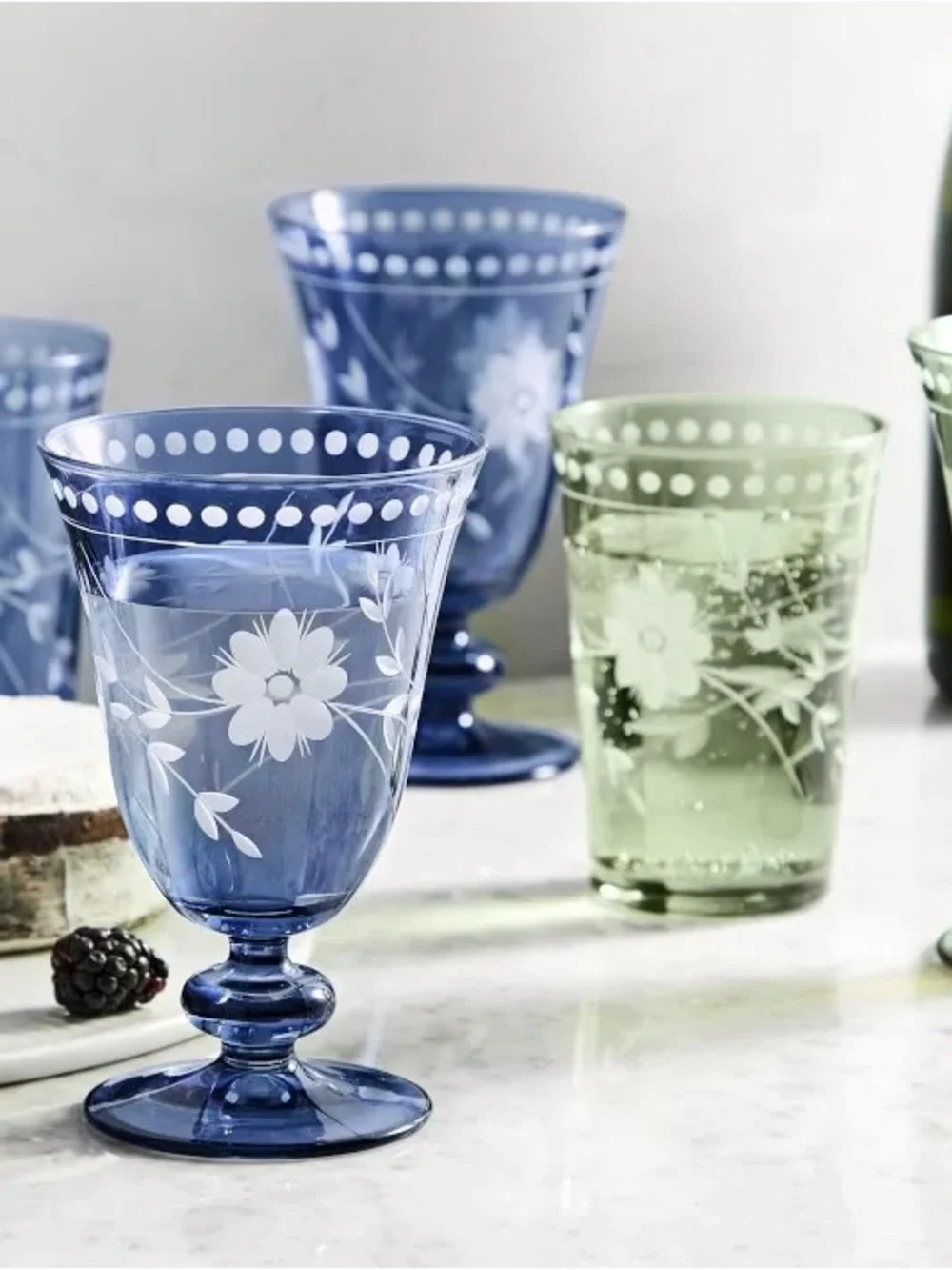 Williams Sonoma Vintage Blue Etched Floral Goblet Glasses - Set of 2